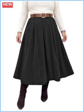 Womens Plus Size Corduroy A-Line Pleated Skirt with Pockets